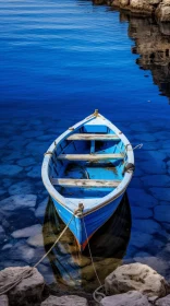 Blue Wooden Boat on Rocky Shore in Calm Blue Water