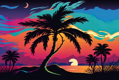 Captivating Tropical Landscape in Dark Pop Art Style | Moonlit Seascapes