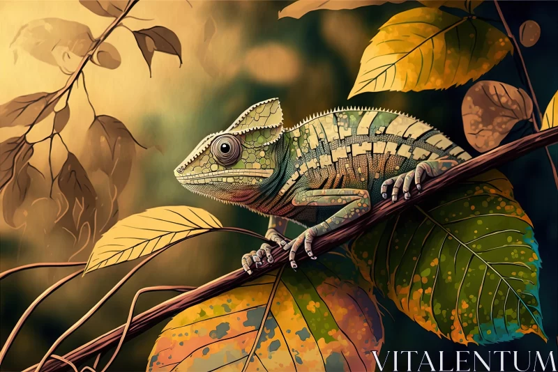 Chameleon on Branch in Fall Leaves | Digital Painting AI Image