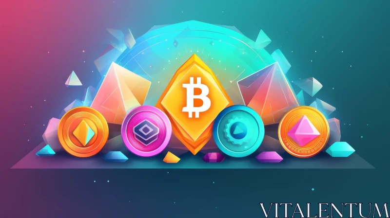 AI ART Colorful 3D Cryptocurrency Coins Illustration