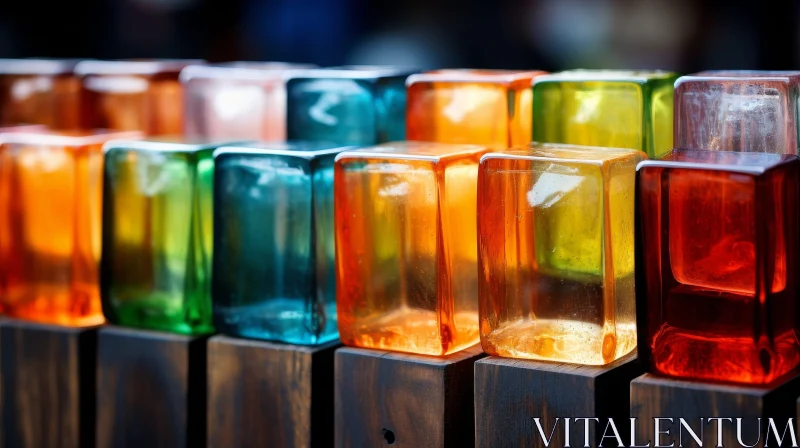 Colorful Glass Blocks Arrangement on Wooden Fence AI Image
