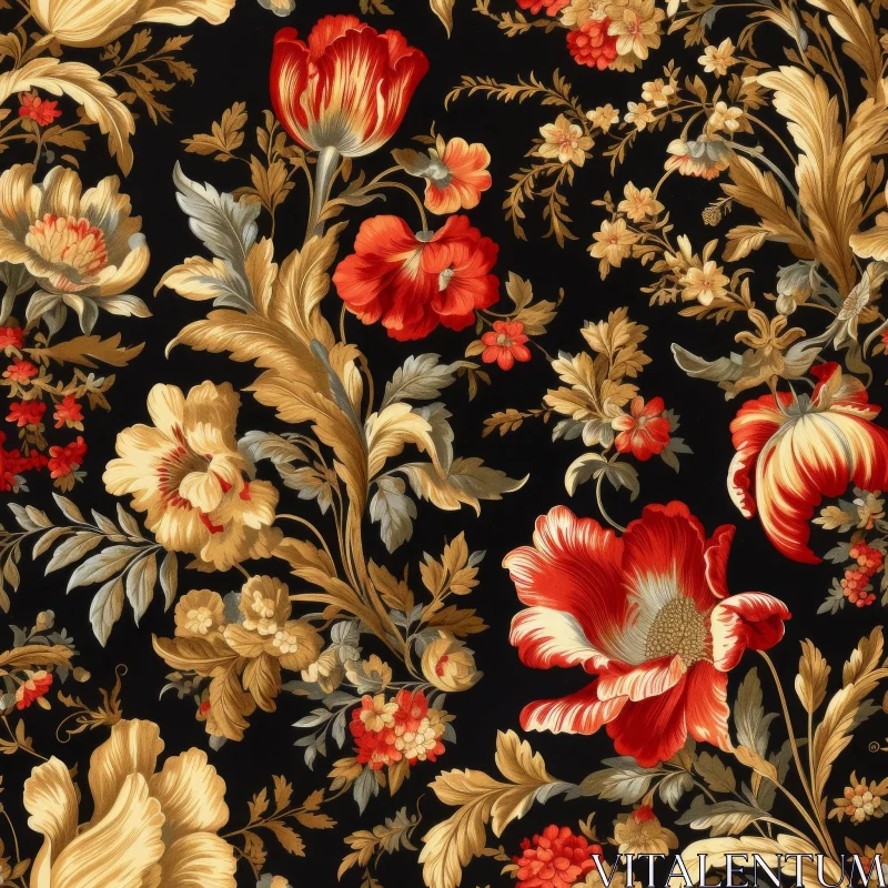 Dark Floral Pattern with Red, Yellow, Pink Flowers AI Image