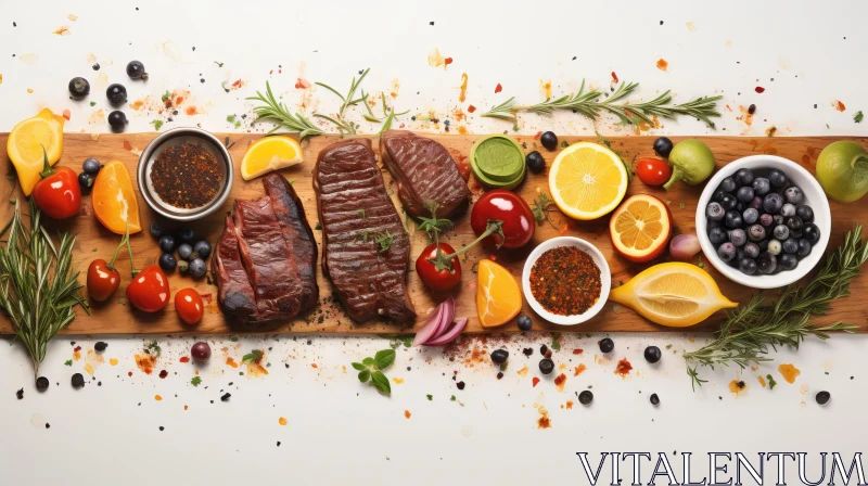 Delicious Steak and Vegetable Flat Lay on Wooden Board AI Image