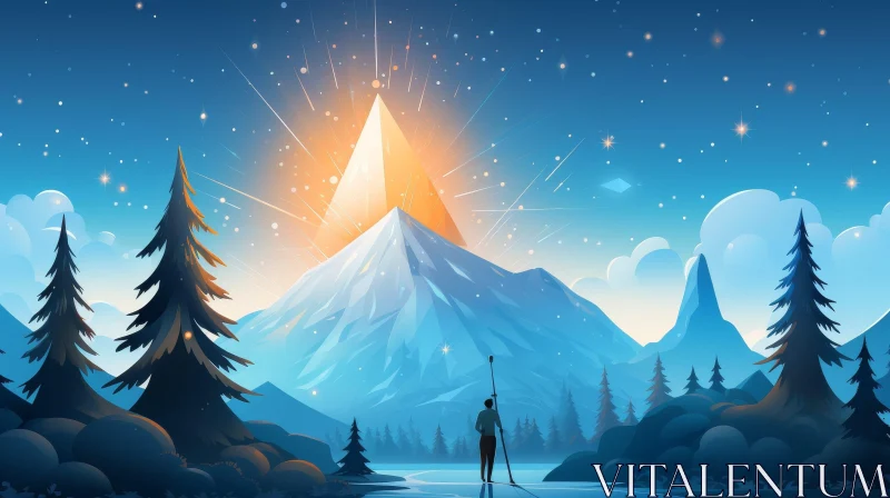 Enigmatic Mountain Night Scene with Glowing Pyramid AI Image