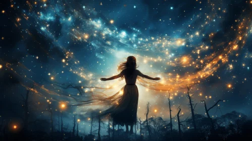Enigmatic Woman in Field Under Starry Sky