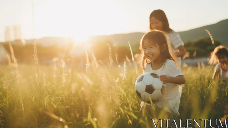 Joyful Soccer Play in Sunset Field AI Image