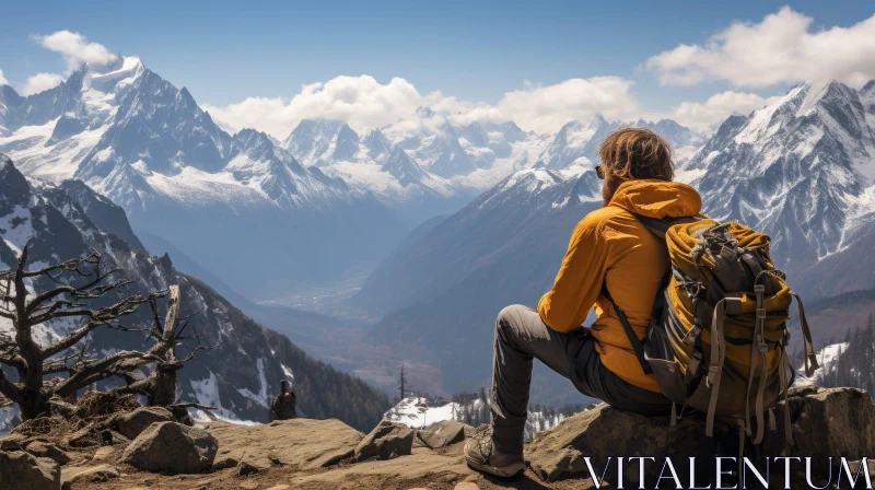 Man in Yellow Jacket Sitting on Mountain Rock AI Image