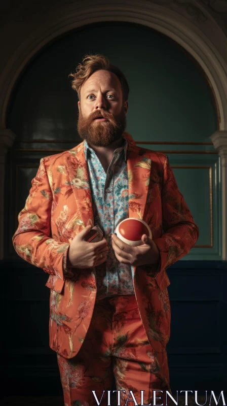 Maximalist Studio Portraiture of a Bearded Man in a Floral Suit AI Image