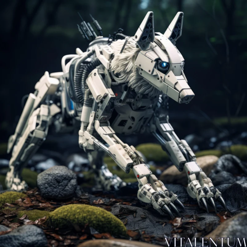 Mechanized Wolf in Forest - A Fusion of Nature and Robotics AI Image