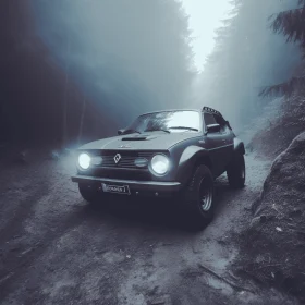 Mysterious Forest Trail with Gray Vehicle | Captivating Realistic Lighting