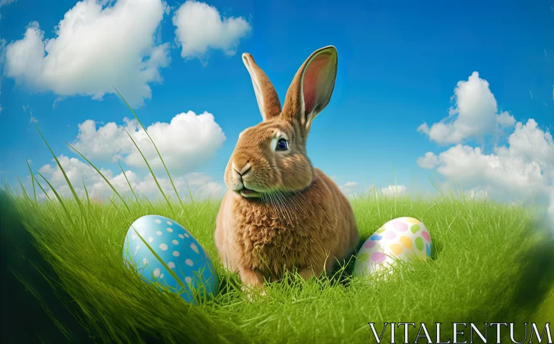 Realistic Bunny in Field with Easter Eggs - Hyper-Detailed Renderings AI Image