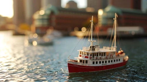 Red and White Toy Boat Floating on Calm Sea