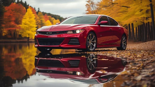 Red Chevrolet Camaro by Lake - Autumn Trees Reflection