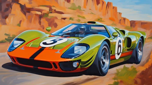 Speeding Ford GT40 Racing Car in Desert