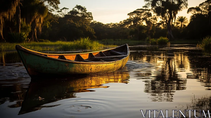 Tranquil Boat on Calm Lake at Sunset AI Image