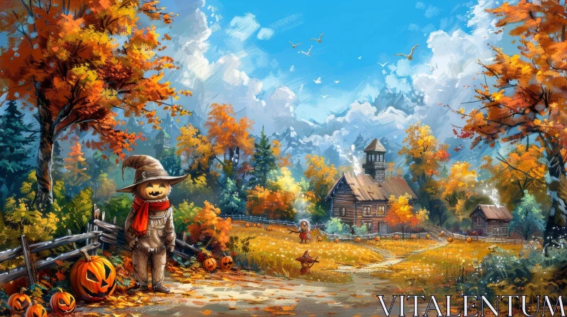 AI ART Tranquil Fall Landscape with Trees and Scarecrow