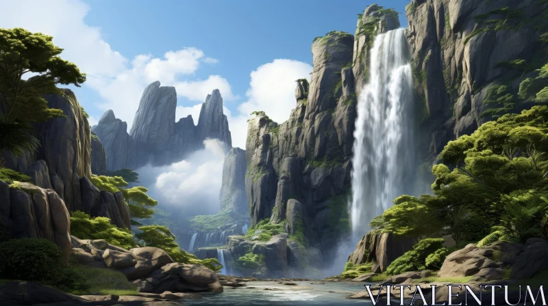 AI ART Tranquil Waterfall Landscape in a Valley