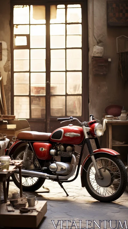 AI ART Vintage Red Motorcycle in Rustic Garage