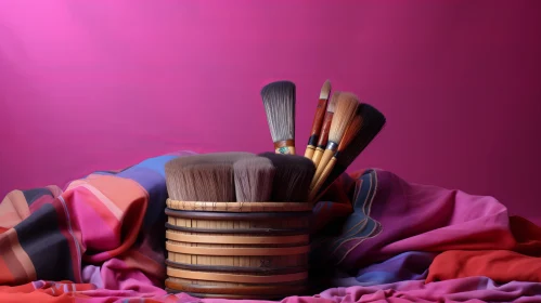 Wooden Barrel Still Life with Paintbrushes