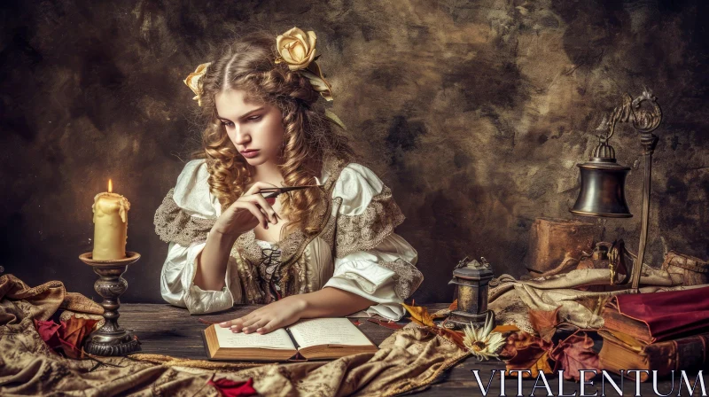 Captivating Image of a Thoughtful Woman in Historical Dress Writing at a Table AI Image