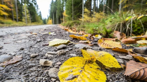 Captivating Nature Scene: Yellow Leaf on Asphalt Road with Fall Colors