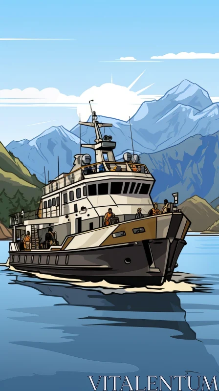Cartoon Boat in Lake with People and Mountains AI Image