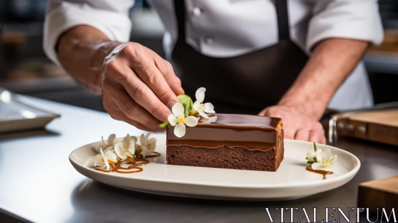 Chef Decorating Cake with Flowers and Chocolate Sauce AI Image