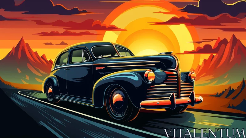 Classic Car Driving at Sunset Digital Painting AI Image