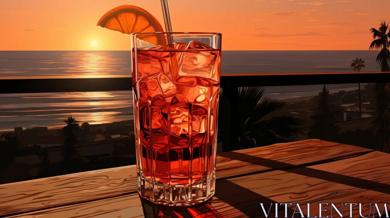 Cocktail Glass on Wooden Table at Sunset AI Image
