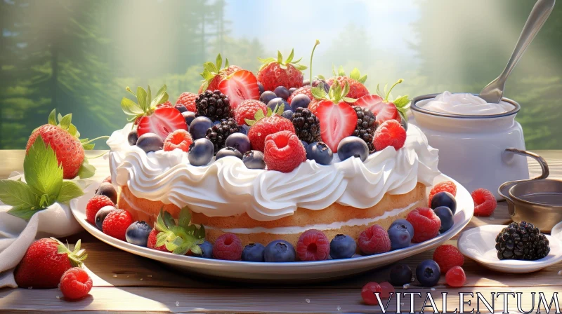 Delicious Cake with Fresh Berries in Forest Setting AI Image