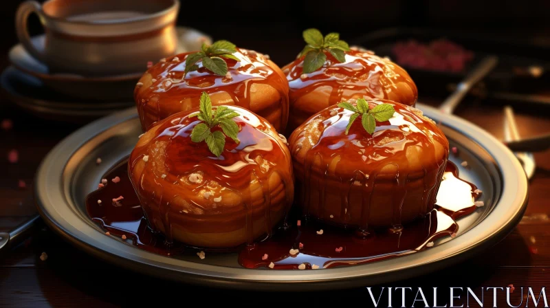 Delicious Muffins with Caramel Sauce and Mint Leaf AI Image