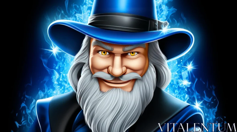 Enchanting Wizard in Blue Robe with Magical Blue Flames AI Image