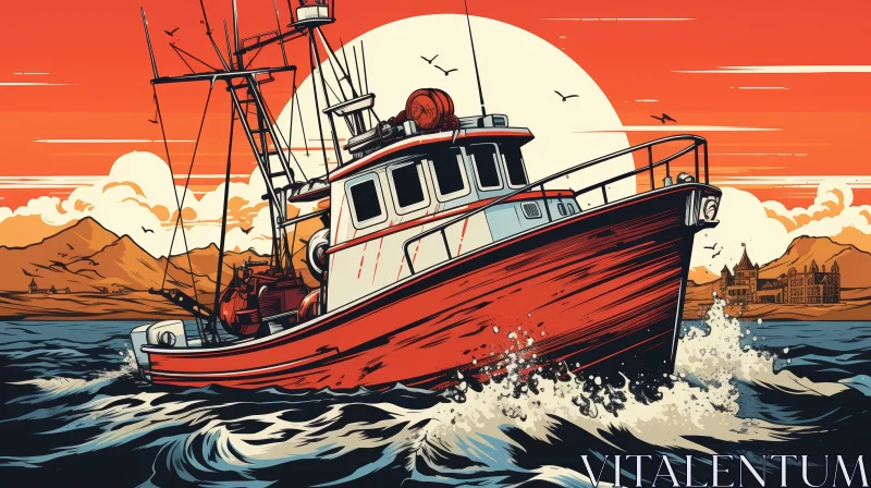 Fishing Boat at Sea - Sunset Digital Illustration AI Image