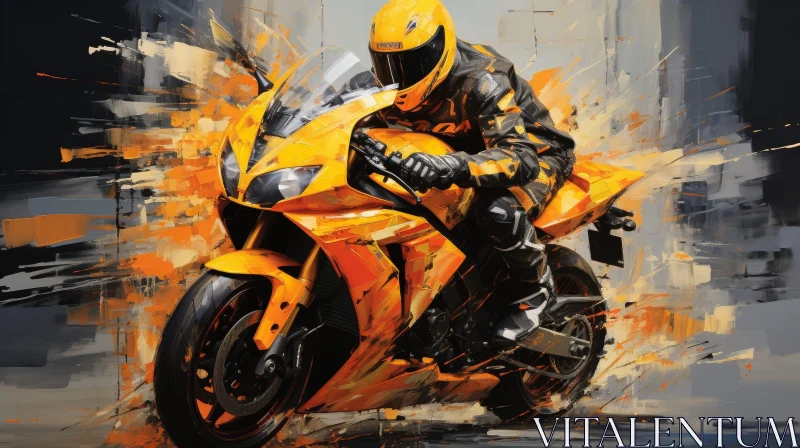 Man Riding Yellow Motorcycle Painting AI Image