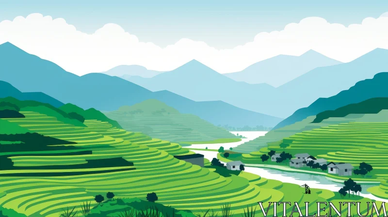 Mountain Landscape with Terraced Rice Fields Illustration AI Image