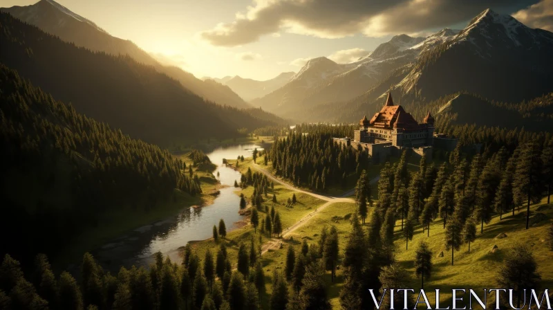 Mountain Valley Castle Landscape AI Image