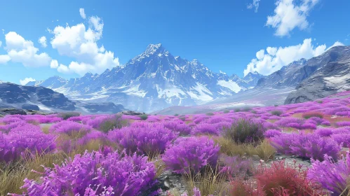 Mountain Valley Landscape with Purple Flowers