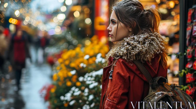AI ART Snowy Street Scene: Young Woman in Red Jacket
