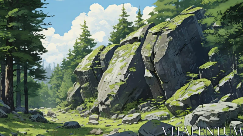 Tranquil Mountain Landscape with Moss-Covered Rocks and Lush Forest AI Image