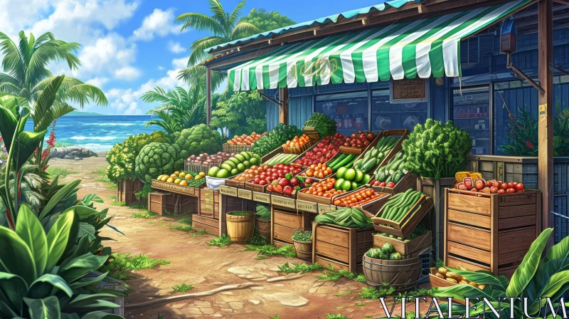 Vibrant Farmer's Market on a Tropical Beach - Digital Painting AI Image