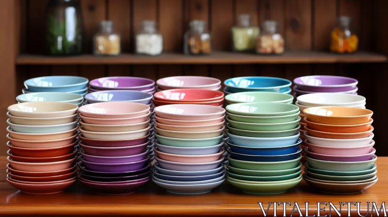 Vintage Ceramic Plates Arrangement on Wooden Table AI Image