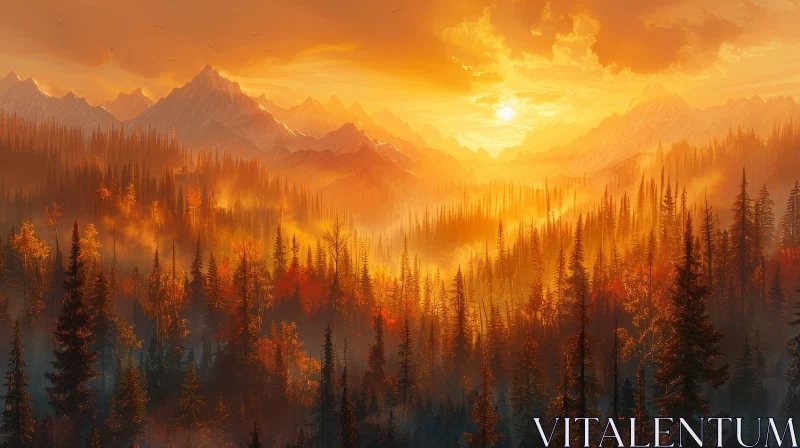 Autumn Forest Landscape at Sunset AI Image