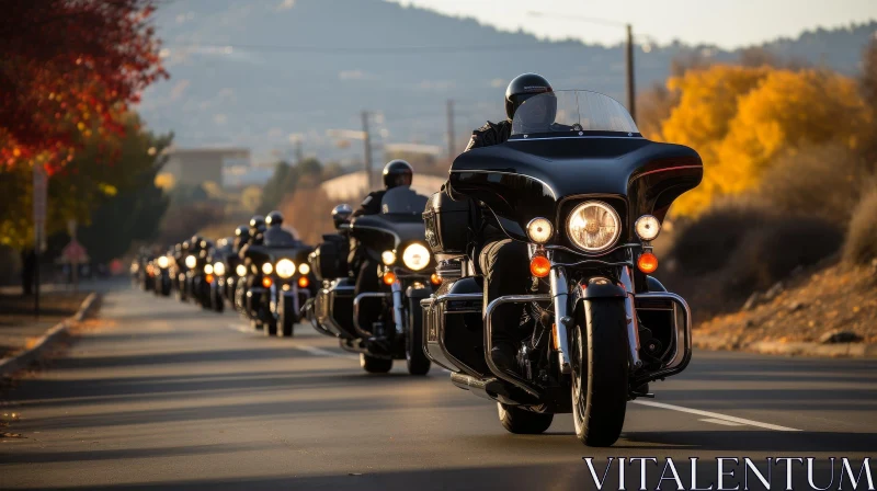 Bikers on Harley-Davidson Motorcycles Riding at Sunset AI Image
