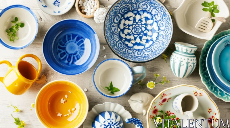 Captivating Ceramic Bowls Flat Lay | Blue and White Kitchenware AI Image