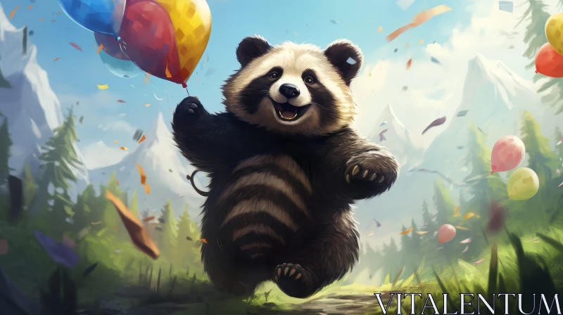 Cheerful Panda Bear with Colorful Balloons - Cartoon Illustration AI Image