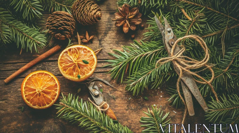 Christmas Decorations on Wooden Background - Rustic Flat Lay Composition AI Image