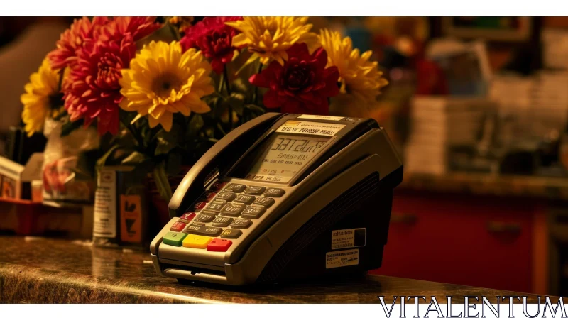 Credit Card Terminal on Bar Counter with Flowers - Business Art AI Image