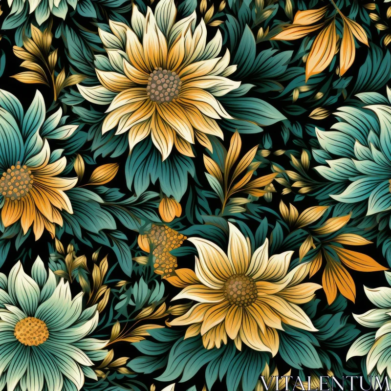 Dark Green Floral Sunflower Pattern AI Image