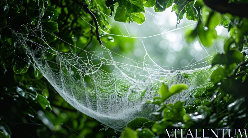 Delicate Spider Web in Tree | Dew-covered Web with Green Leaves AI Image