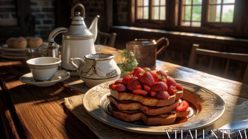 Delicious French Toast with Fresh Strawberries on Wooden Table AI Image